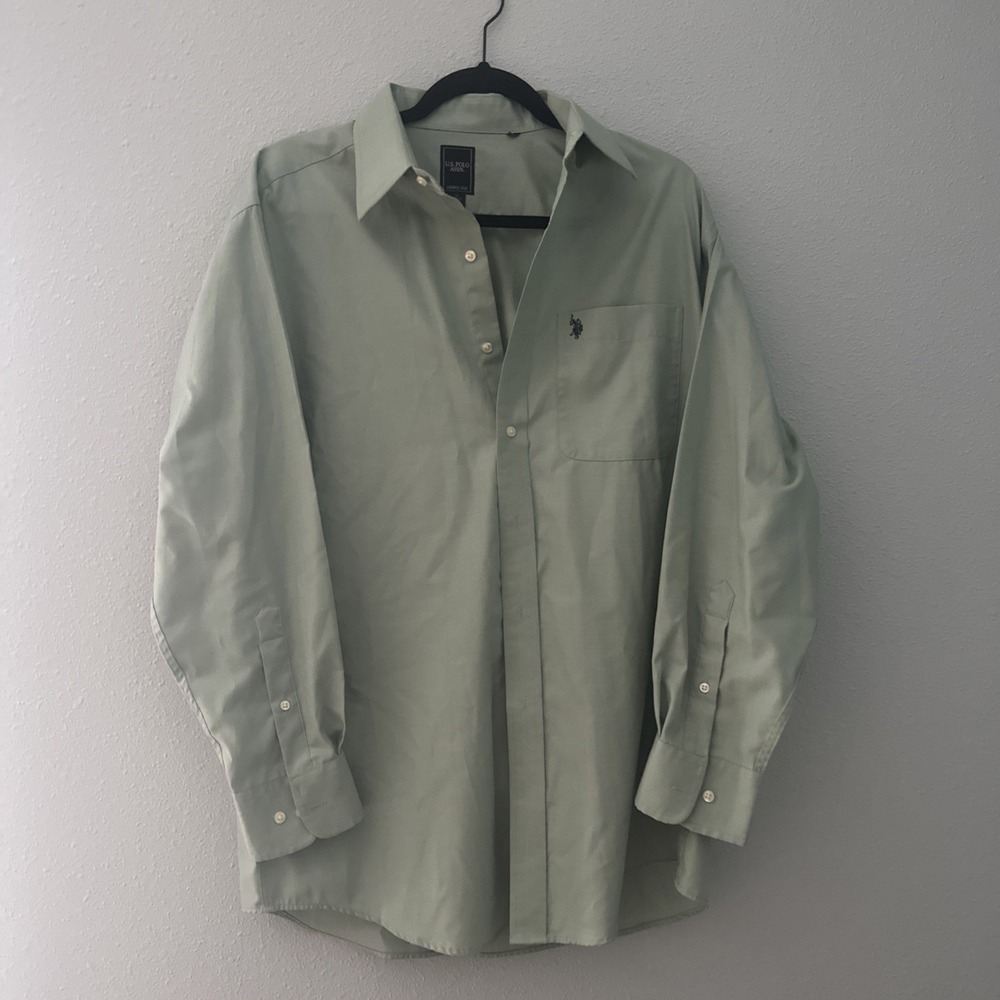 U.S. Polo Assn Mens Dress Shirt M 15-15.5 32/33 Green Wrinkle Free Long Sleeve